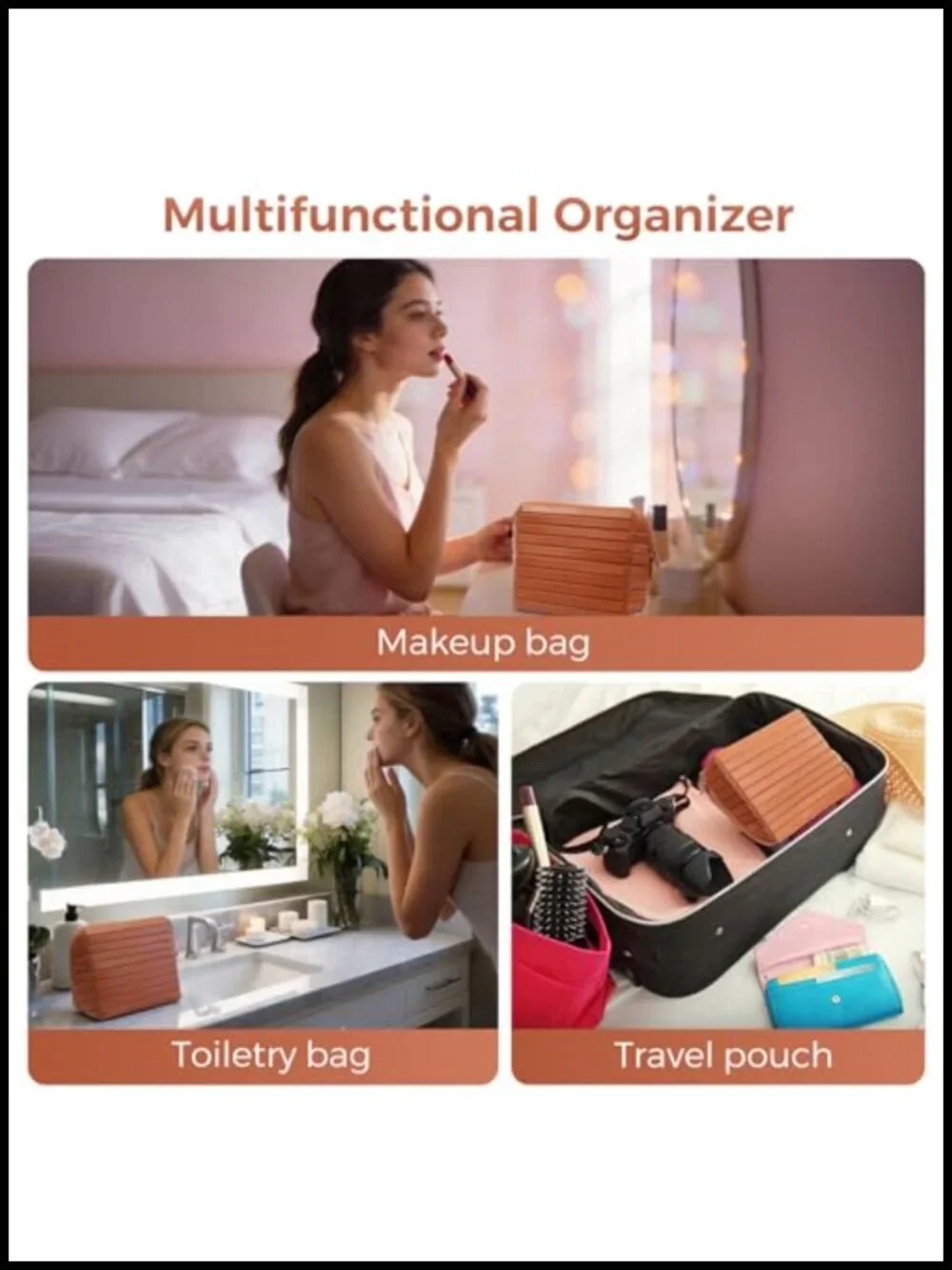 Travel Makeup Organizer Bag with Fold-Down Design & Adjustable Dividers, 27